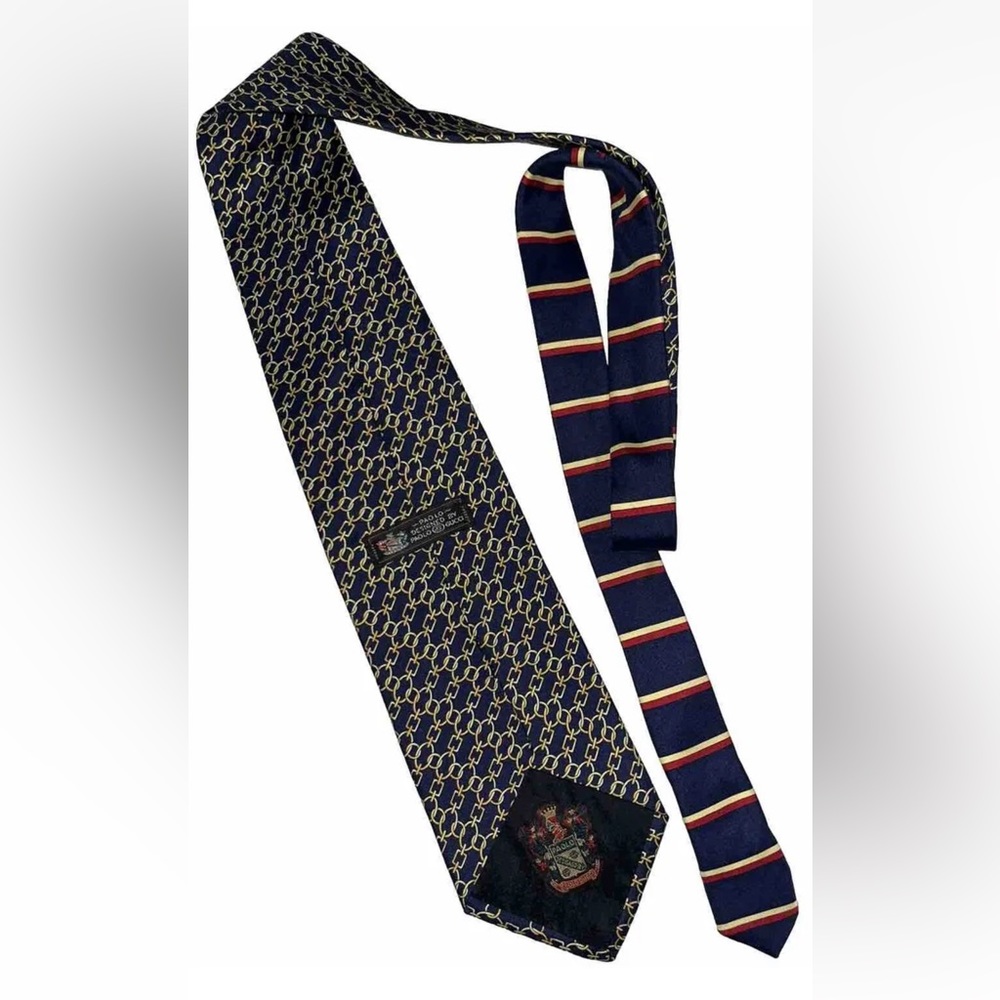 Paolo Gucci Designer Tie 100% Silk Navy Blue Gold Chain Stripe Necktie ITALY EUC